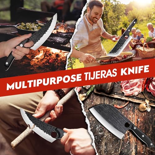 TIJERAS Butcher Knife Set, 3PCS Hand Forged Meat Cleaver, Serbian Chef Knife, Viking Knives with Sheaths, Meat Cutting Chef Knives Set for Kitchen Camping BBQ, Gifts for Men and Women - Image 5