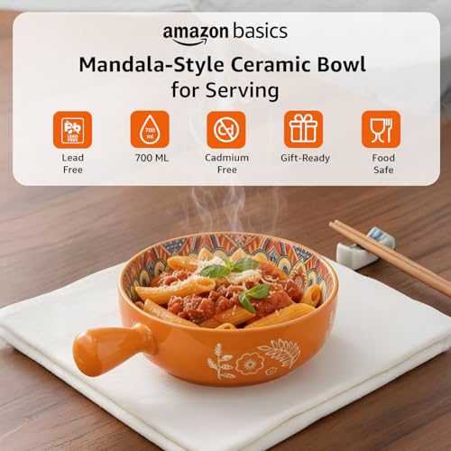 Image of Amazon Basics Mandala Ceramic Snack Bowl with Handle (600 ml) - Microwave & Dishwasher Safe Serving Bowl - Ideal for Soup, Curries, Salad & Noodles (Yellow)