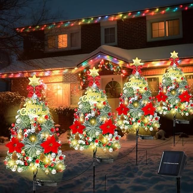 2 Pack 32 Inch Solar Xmas Tree Light Outdoor Tree with Flashing LED Lights, Pinecones, Star and Bells, Waterproof Christmas Pathway Light Solar Christmas Decorations for Yard Garden Lawn Walkway