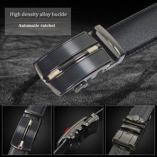 Image of JINIU Men's Ratchet Belt Buckle, Black Genuine Leather Slide Belt for Men Dress Suit, Micro Adjustable Trim to Fit Boxed