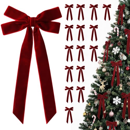 16PCS Burgundy Velvet Christmas Bows, 5x10 for Christmas Tree Decorations