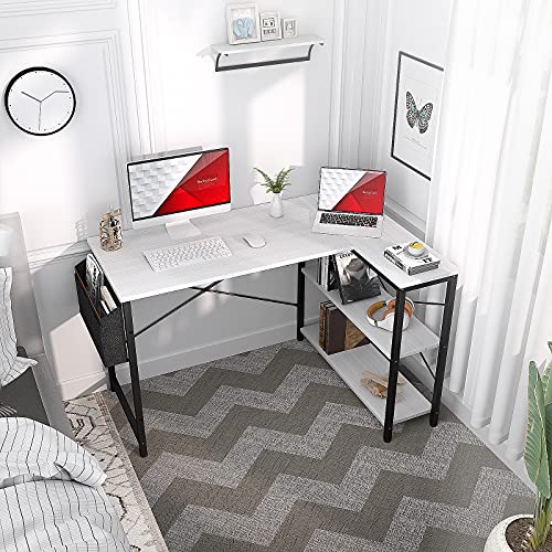 Homieasy Small Computer Corner Desk, L Shaped, 47 Inch With Reversible Storage Shelves For Home Office Workstation, Modern Simple Style Writing Desk Table With Storage Bag(White) #TOP1