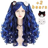 Anogol Hair+{2 Bears} Blue Ombre Black Wig for Lolita Long Curly Cosplay Wig with 2 Detachable Ponytails