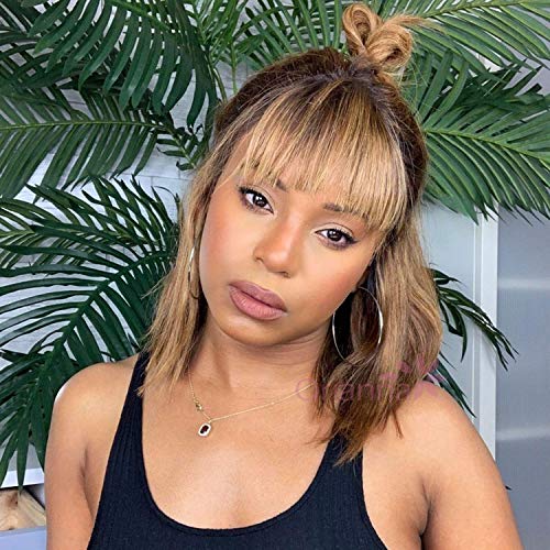 Ombre Honey Blonde Wig with Bangs Stragiht Short Bob Wig for Women Synthetic Ombre Wigs with Dark Roots