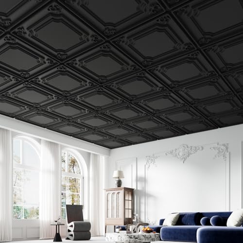 LooYee 24 PCS Black Ceiling Tiles 24x24 Inch, French Style 3D Decorative Ceiling Panels 2x2Ft PVC Waterproof Washable Plastic Material Ideal for Living Room Bedroom Bathroom Garage Cover 96 Sq.Ft - Thumbnail 6