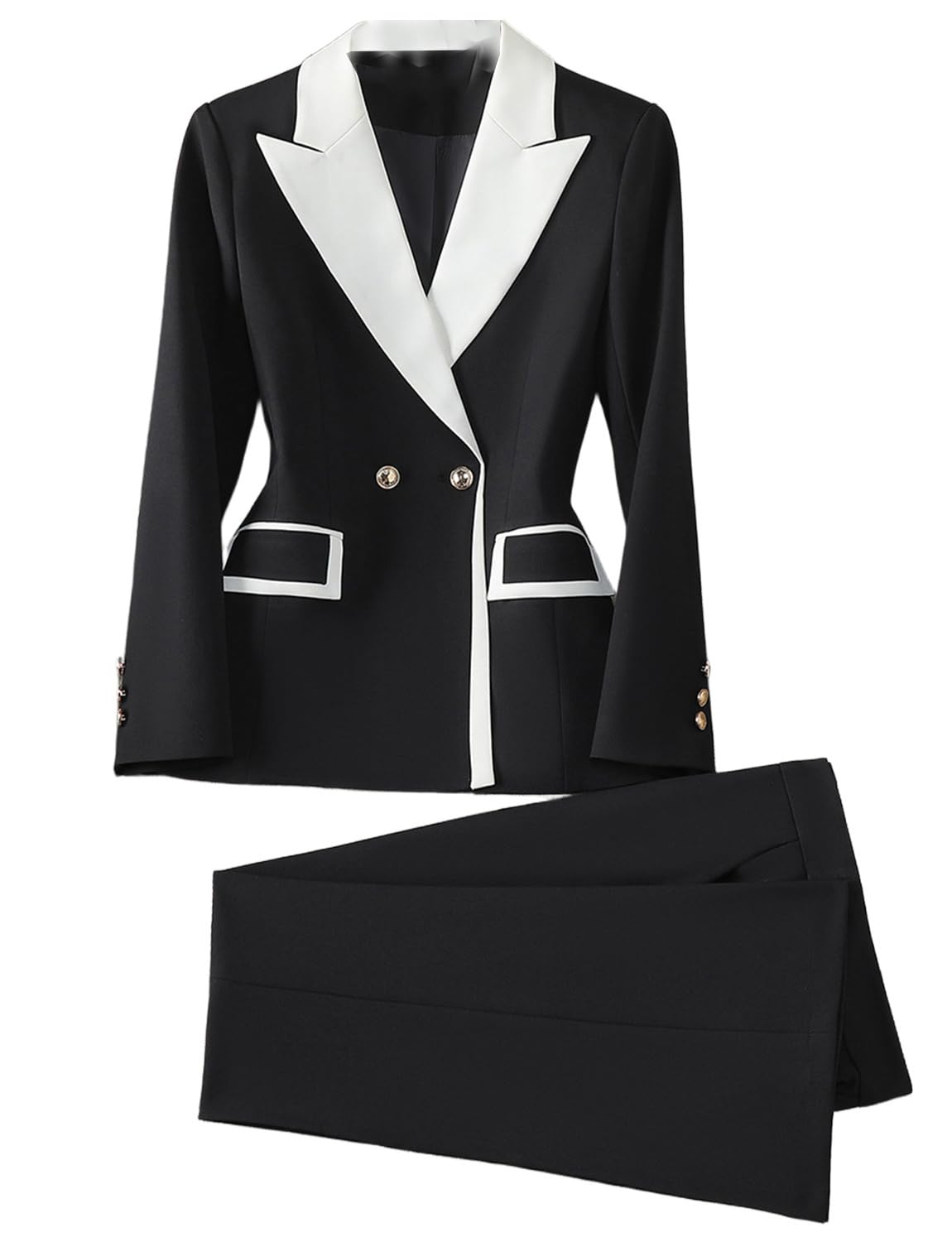 Kromoc Womens Two-Piece Suit Peak Lapel Double Breasted Buttons Jacket and Pants Homecoming Uniform