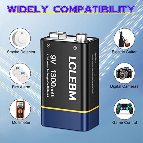 Lclebm Usb Rechargeable 9V Batteries,1300Mah 9V Lithium Rechargeable Batteries Long Lasting 9 Volt Li-Ion Batteries For Smoke Alarm,Digital Cameras And Home Devices - 4 Packs #TOP6