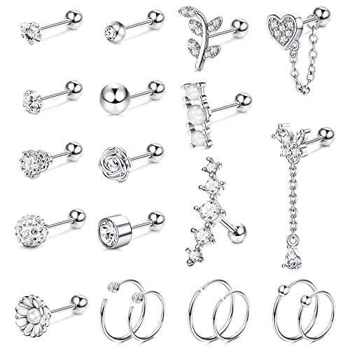 Morfetto 16G Pendiente de Cartilago para Mujer Hombre de Acero Inoxidable 20G Juego de Pendiente de Aro de Cartílago Cadena de Flor de Bola Corazón Colgante CZ Tragus Conch Helix Piercing Joyería A Cover