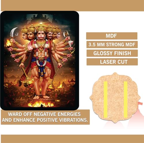 Image of BerryBox Panchmukhi Hanuman MDF Sticker Wall Frame Door Vastu Dosh Rectification Remedy Of Home, Office And Factory MDF Photo Poster with self adhesive tape 4x6 inch (Style 9)