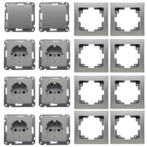 DELPHI Steckdose Schalter Starter Set mit Rahmen I 6 Steckdosen + 2 Wechselschalter + 8 Rahmen Geeignet für Mehrfachrahmen Einsatz 55x55mm Silber Grau