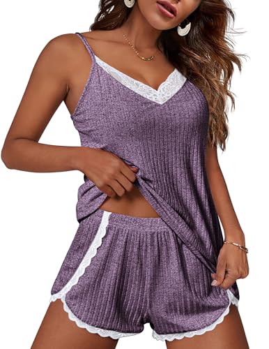 Image of Ekouaer Womens Pajama Sets Soft Lingerie Sleepwear 2 Piece Cami Shorts Set V Neck Pj Lace Nightwear