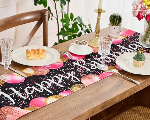 Image of Letjolt Golden Rose Pink Balloon Happy Birthday Table Runner 72 Inches | Linen-Like Fabric, Celebrate Birthday Party Table Decor