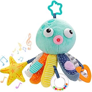 PROACC Sirecal Baby Plush Musical Toy, Clip on Pram and Pushchair Newborn Toy, Soft Octopus Hanging Rattle Sensory Toy with Mirror & Teether, for Babies Boys Girls 0 6 9 Months Gifts