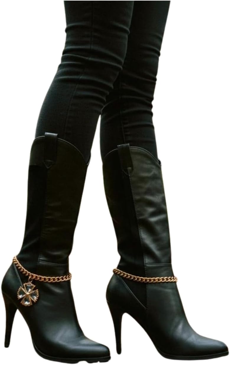 TrendyFashionJewelry Women Western Boot Chain Gold Metal Bracelet Anklet Bling Shoe Flower Charm Unique Style SET BC202
