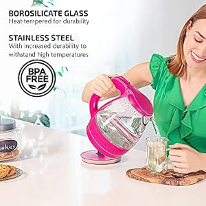 OVENTE Glass Electric Kettle Hot Water Boiler 1.5 Liter Borosilicate Glass Fast Boiling Countertop Heater - BPA Free Auto Shut Off Instant Water Heater Kettle for Coffee & Tea Maker - Pink KG83F OVENTE Glass Electric Kettle Hot Water Boiler 15 Liter Borosilicate Glass Fast Boiling Countertop Heater BPA Free Auto Shut Off Instant Water Heater Kettle for Coffee Tea Maker Pink KG83F