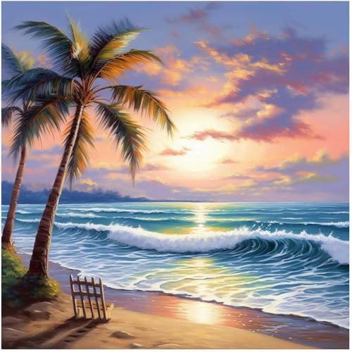 Image of Beach Sunset Stamped Cross Stitch Kits - Tree Counted Cross Stitch Kits for Beginners Adults Needlepoint Cross-Stitch Patterns Dimensions Needlecrafts Embroidery Kits Arts and Crafts 13.7x13.7 Inches
