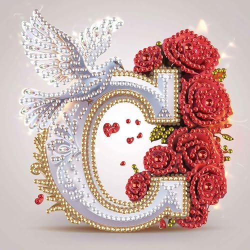 Image of AiYuanzsh 5D DIY Diamond Art Kits for Adults Letter C, Creative Red Rose & Dove Design Special Shape Diamond Painting, Luxury Alphabet Diamond Art for Home Wall Decor 17x17cm