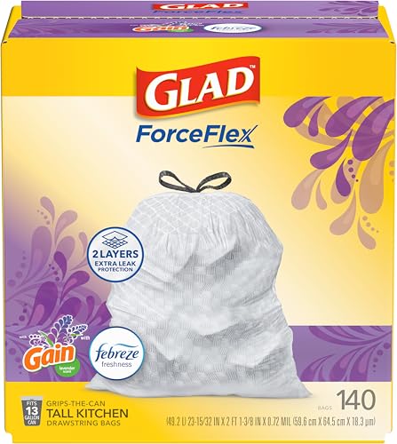 Image of Glad ForceFlex Tall Kitchen Trash Bags, 13 Gallon, Gain Lavender, 140 Count (Package May Vary)