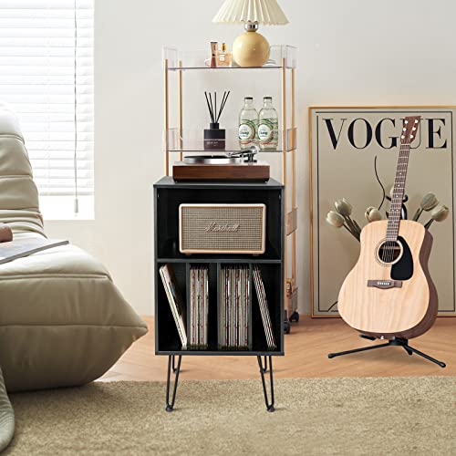 Babion Record Player Table,Record Player Stand With Storage, Record Player Table With Metal Legs, Walnut Wood Record Stands With Record Storage, Record Player Table With Album Storage,Black #TOP6