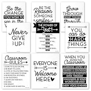 9 Black And White Classroom Decor – Welcome Sign For Classroom Motivational Posters For Classroom Bulletin Board Decoration, Growth Mindset Classroom Posters Elementary, Middle School, Classroom Rules