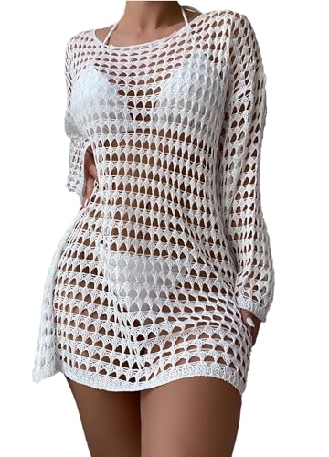 Robe de plage au crochet col ras du cou et manches longues pour femme