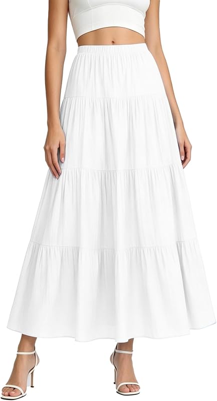 Women's White Maxi Skirt Summer Boho Long Flowy Pleated Tiered High Waist A-Line Flared Skirts