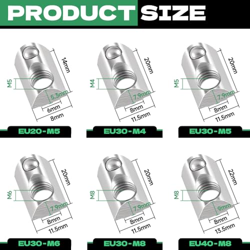 HXJDAM 40 Stück Nutensteine mit kugel Nut 8, 40-Serie M8 T Nutsteine mit Zentrierung Steg Gleitmutter und Federkugel Vernickelter Stahl für europäische Standard 40er Aluminiumprofil-Extrusionsschlitz