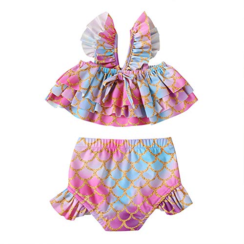 Toddler Infant Baby Girl Mermaid Swimsuit Fish Scales Bathing Suit Bikini Ruffle Tankini 2Pcs Swimming Set (Pink,18-24 Months)