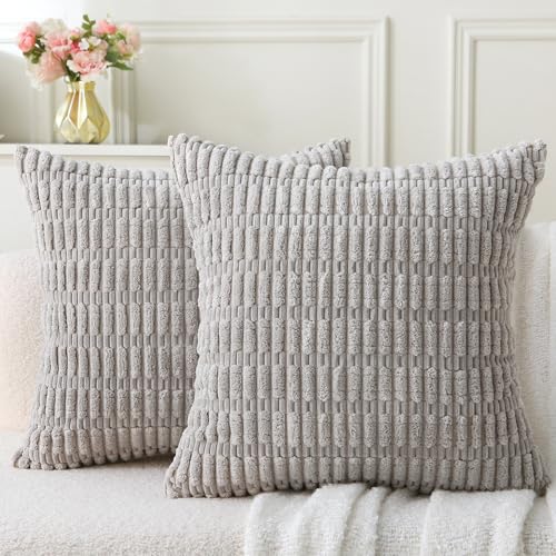WHATWEARS 2 Pack Corduroy Decorative Throw Pillow with Inserts, 18x18 Inch Soft Boho Throw Pillow, Square Striped Throw Pillows for Couch, Bed, Sofa Decor (Light Gray)