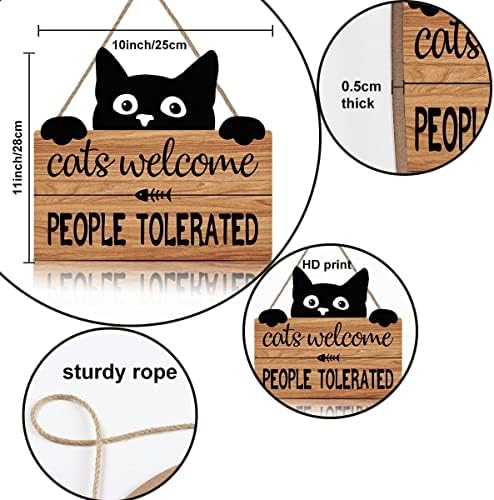 TOARTi Cat Sign,Black Cat Welcome Wood Plaque for Home Decor,Funny Cat Quote Cats Welcome, People Tolerated Door Hanging Decor,Pet Cat Lover Gifts for Outdoor Kitty Kitten Wall Art Pediment Pet Shop
