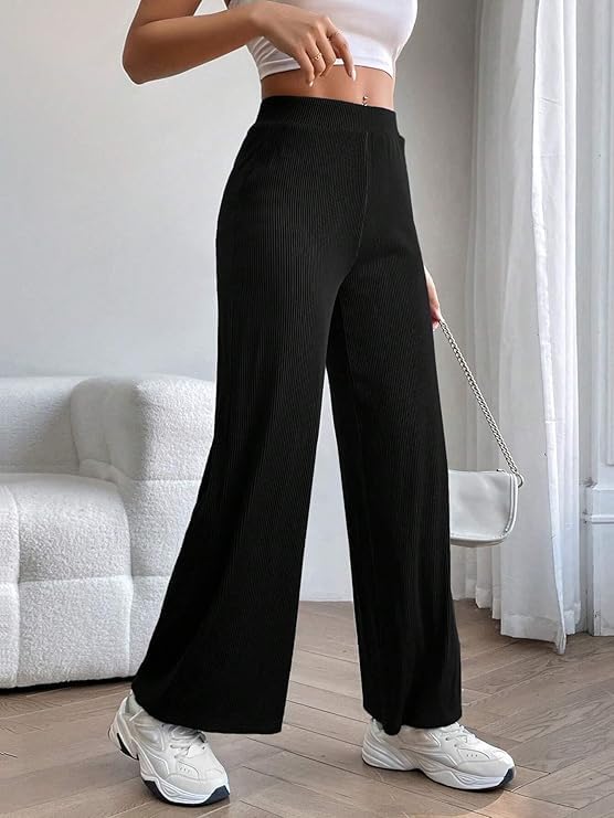 Modestouze Attires High Waist Wide Leg Pants for Women Black Korean Style Stretchable Trousers Winter Wear Stylish Palazzo Bottom Casual Office Lounge Daily Use view 2