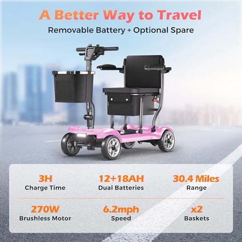 Image of Lightweight Mobility Scooter for Adults & Seniors - Cruise & Airport Approved, 43lb Foldable Portable Motorized Scooters with Dual Lithium Batteries for 30.4 Miles Travel, 300lb Capacity, Pink