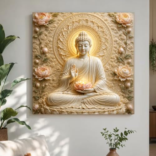 Image of PAINTINGMANTRA Lotus Buddha Painting for Living Room, Buddha wall Decor for living room, Bedroom, office and Meditation Room, Canvas, 22x22 Inch