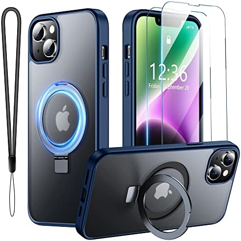 SPIDERCASE for iPhone 13 Case/iPhone 14 Case, with Magnetic Invisible Stand[10 FT Military Grade Drop Protection] [2 pcs Tempered Glass Screen Protector] Shockproof Slim Translucent Matte Case, Blue