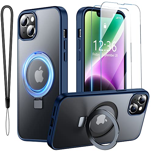 Spidercase For Iphone 13 Case/Iphone 14 Case, With Magnetic Invisible Stand[10 Ft Military Grade Drop Protection] [2 Pcs Tempered Glass Screen Protector] Shockproof Slim Translucent Matte Case, Blue #TOP12