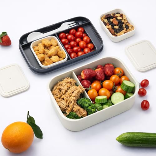 Image of YELONA Lunch Box for Office & Kids 1900ML | Double Layer Leakproof Bento Box with 5 Compartments | Microwave Safe, Built-in Spoon & Fork, BPA Free Tiffin Box - Grey