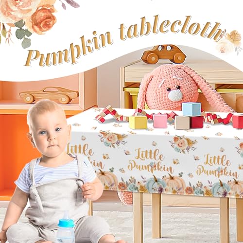 Image of CMUSKO 3Pcs Little Pumpkin Tablecloths-Floral Pumpkin Theme Rectangular Plastic Table Covers Fall Baby Shower Birthday Party Supplies for Boys Girls