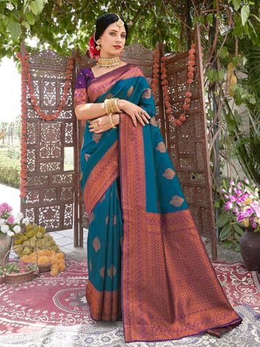 Image of Women's Soft Art Silk Kanjivaram Saree and Unstitched Blouse Piece with Floral Rich Pallu and Jacquard Jari Work On All Over | South Indian Saree
