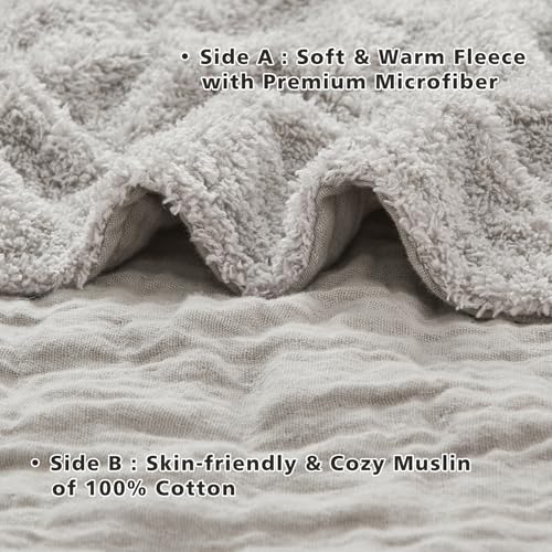 EMME Muslin and Fleece Twin Blanket Reversible - 60"*80" Grey Soft Warm Throw Blankets for Couch Bed Picnic Travel Bed