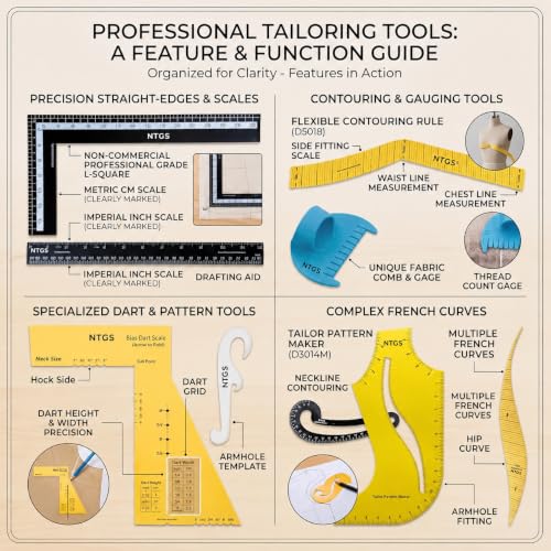 Image of NTGS Professional Tailoring Ruler Set, Pattern Drafting Kit with L-Square, French Curve, Blouse Dart Scale, Side Fitting Scale & Measuring Rulers for Sewing, Boutique, Fashion Designing Set of 10