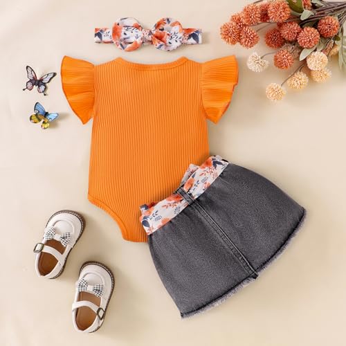 Baby Girl Summer Clothes Cute Butterfly Printed Romper + Denim Skirt + Headband 3pcs Shorts Set 0-18 Months3