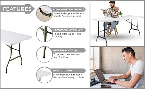 Home Source Trestle Table with Carry Handle (6 Feet) White – Multi-Purpose Folding Table – Heavy Duty for Camping Catering BBQ Picnic Party – 70D x 180W x 74H cm - Image 4