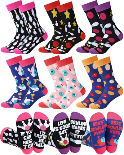 Patelai 6 Pairs Funny Bowling Socks for Women Novelty Bowling Accessories Party Favors Gifts for Bowlers Lovers(Classic Style Vibrant Color)