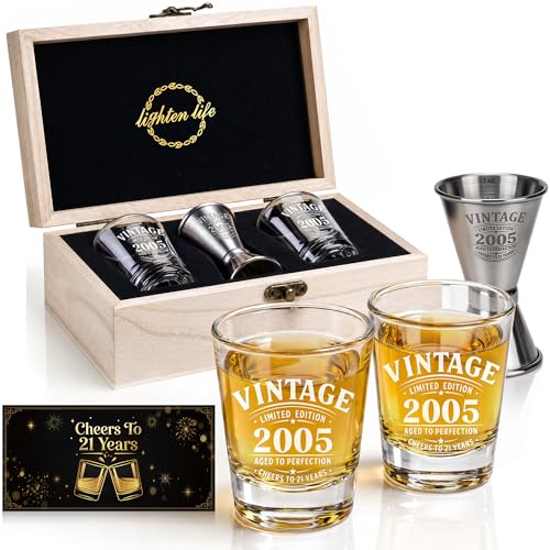 LIGHTEN LIFE 21st Birthday Gifts for Him,2005 Shot Glasses with Valued Wooden Box,21st Birthday...