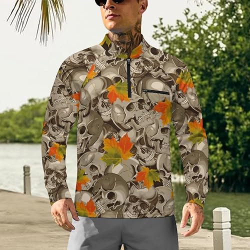 Skulls and Autumnal Maple Leaves Men's Rash Guard Long Sleeves Quick Dry Fishing Workout Shirts with Zipper2