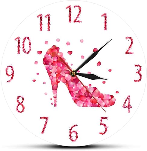 Reloj de pared con estampado de pétalos de rosa rosa con tacón alto y silencioso, arte de pared para mujer, dormitorio, femenino, decoración del