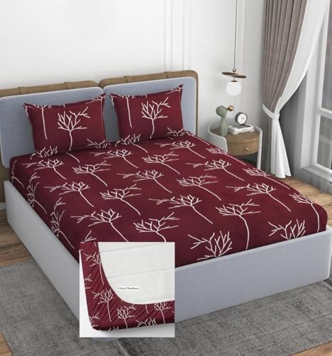Image of 200 TC Cotton Feel All Around Elastic Fitted Bedsheet, Elastic Fitted Bedsheet King Size Bedsheet for Double Bed with 2 Pillow Covers, Size - 72 x 78 x 8 Inch Color Wine