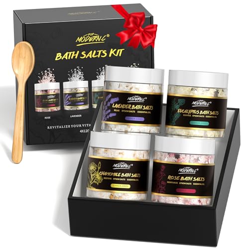Epsom Bath Salts Gift Set for Soaking 4pcs Bath Salts with Essential Oils for Women Relaxing Lavender Eucalyptus Rose Chamomile Bath Set for Women Luxury Spa Birthday Mother’s Day Christmas Gift