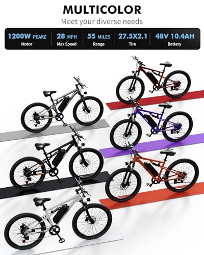 Image of Qlife Electric Bike for Adults /Teens Racer, 20+MPH 21-Speed Peak 1200W Brushless Motor Adult Electric Bicycles, 48V 10.4Ah Removable Battery Mountain Ebike, Up to 55 Miles, 27.5X2.1 Tire E Bike