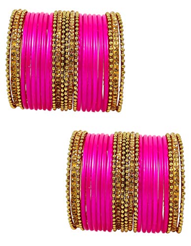 Image of NMII Glass With Zircon Gemstone Studded Worked and Ball Chain Or Plane Gloosy Finished Bangles Set For Women and Girls